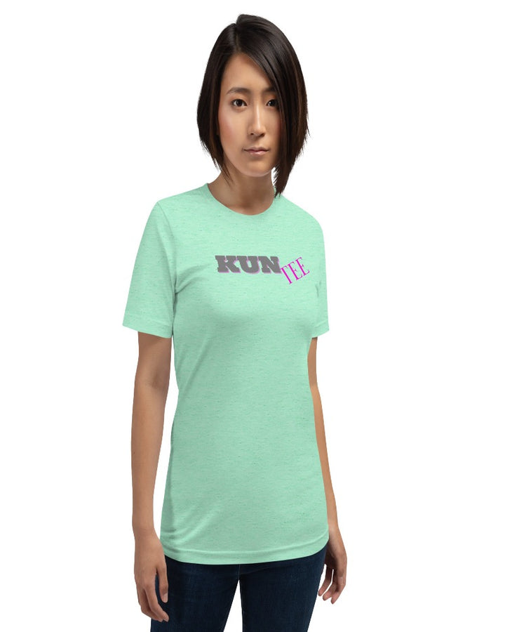 unisex t-shirt colored heather mint with a text design kuntee. Kun colored in grey and tee in hot raspberry pink