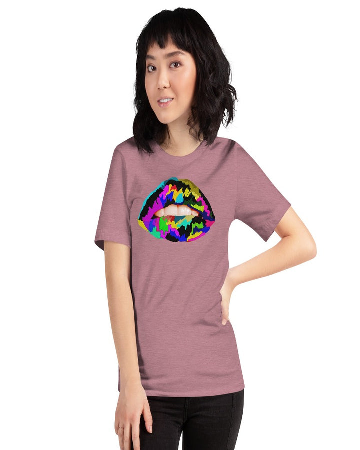 Orchid unisex T-shirt with multi colored lip print design.