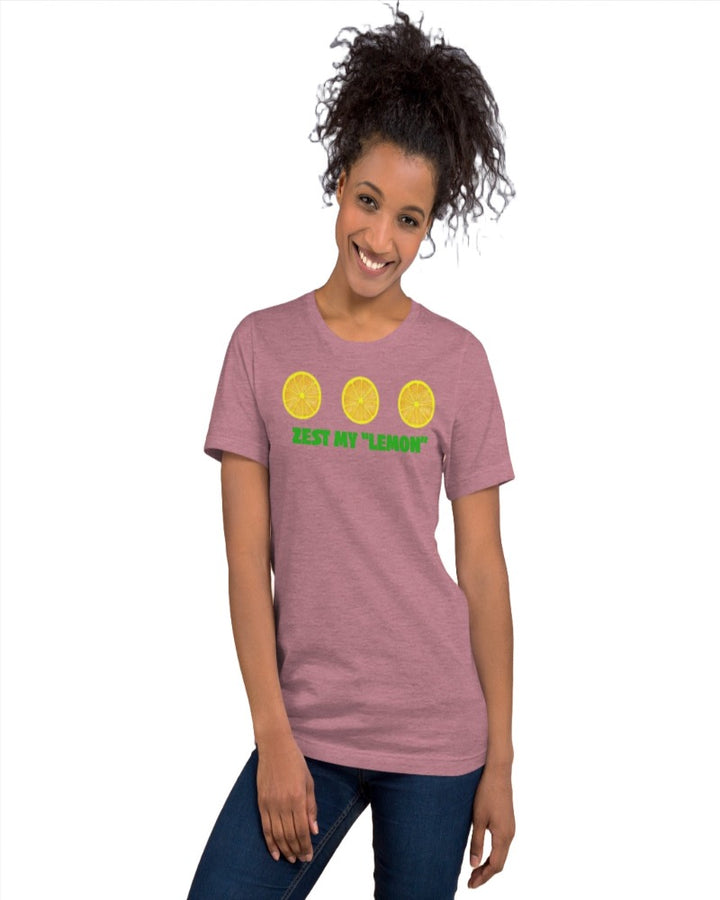 Heather orchid unisex T-shirt with Zest my “lemon” print design.