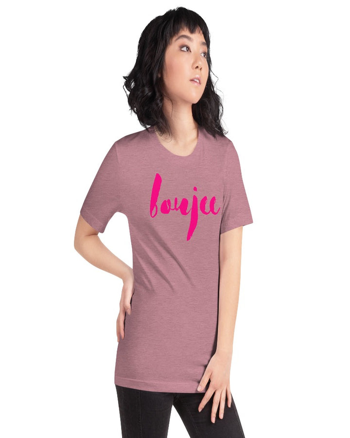 heather orchid unisex t-shirt written in a boujee design text in a hot raspberry color across the chest 