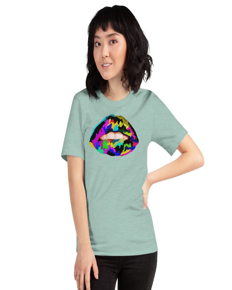 Dusty blue unisex T-shirt with multi colored lip print design.