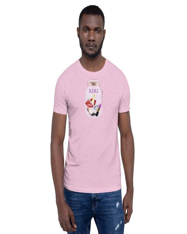 Unisex t-shirt colored heather prism lilac with KIKI is written on a mason jar below the lid and filled with martini, lipstick, lip, diamond, high heel