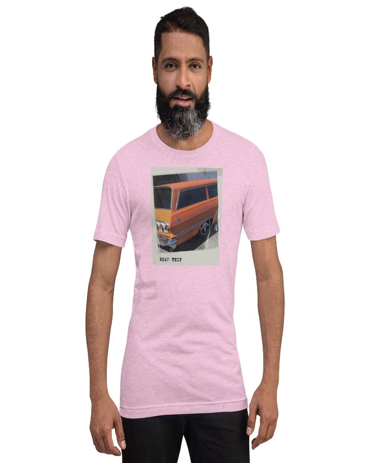 Heather Prism Lilac T-shirt with an orange vintage car and Road trip design text