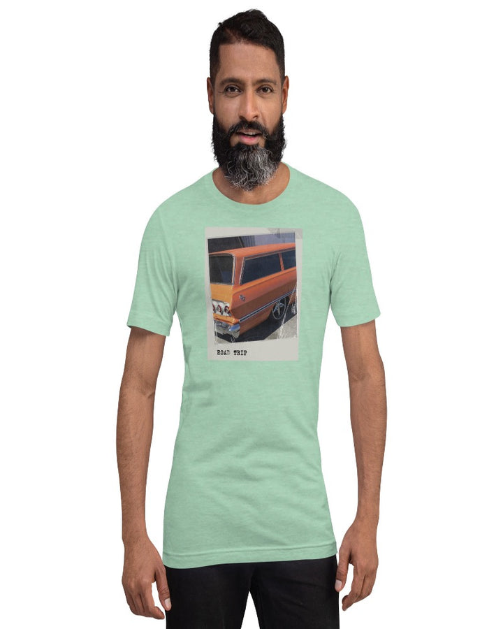 Heather Prism Mint T-shirt with an orange vintage car and Road trip design text