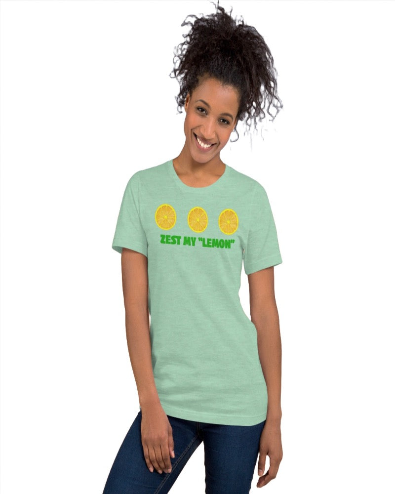 Heather prism mint unisex T-shirt with Zest my “lemon” print design.