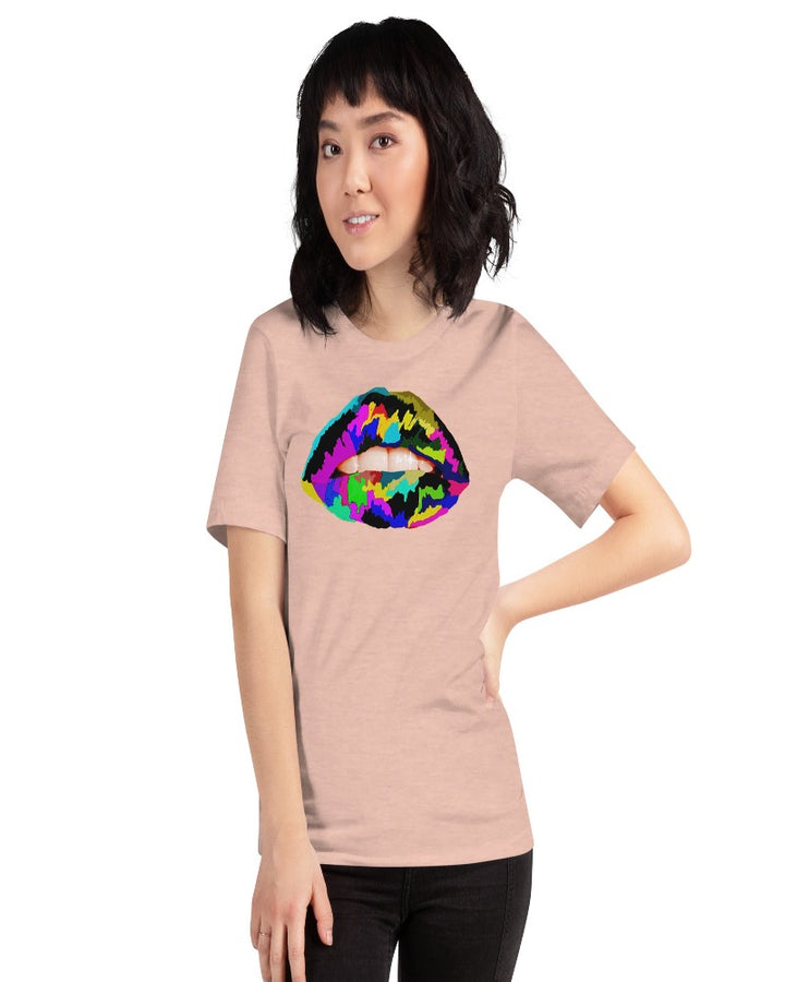 Peach unisex T-shirt with multi colored lip print design.