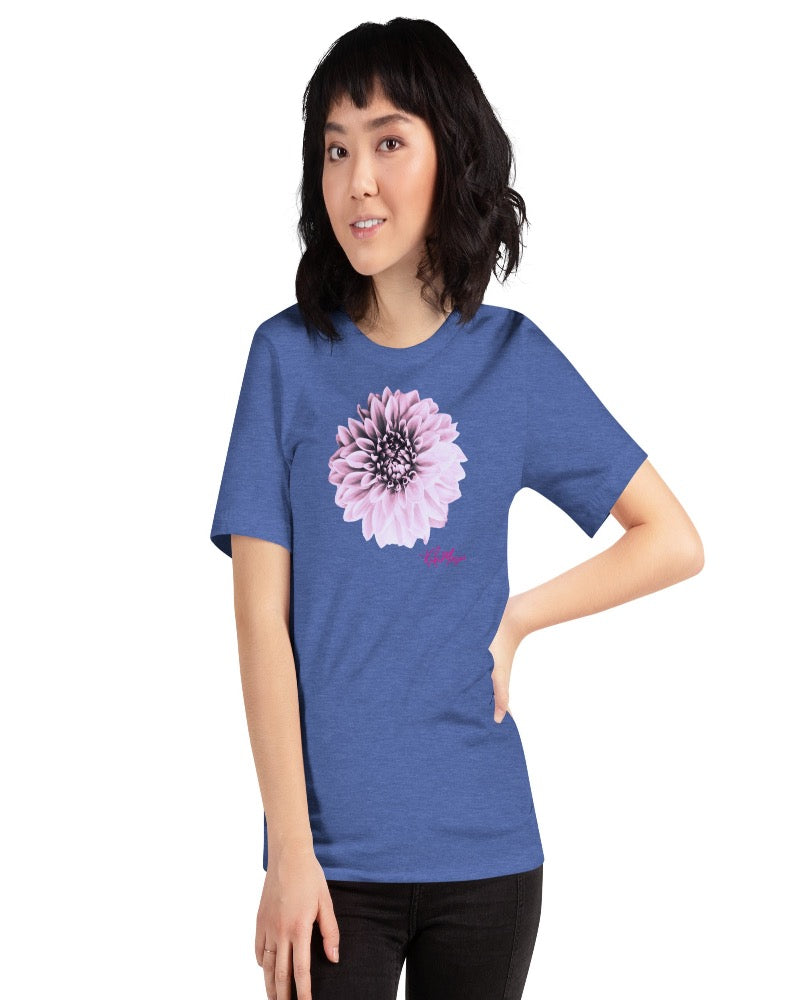 A unisex true royal T-shirt with a Dahlia flower print design.