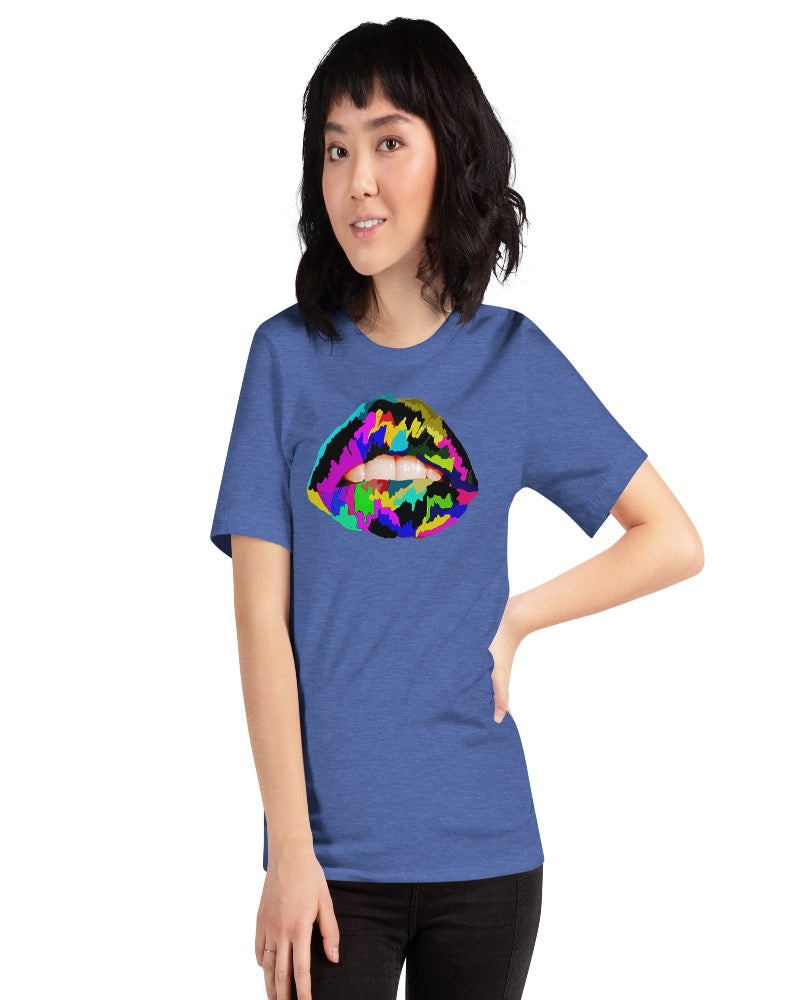 True royal unisex T-shirt with multi colored lip print design.