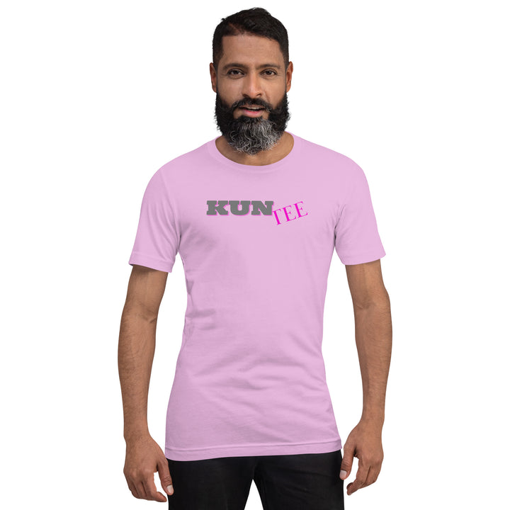 unisex t-shirt colored lilac with a text design kuntee. Kun colored in grey and tee in hot raspberry pink