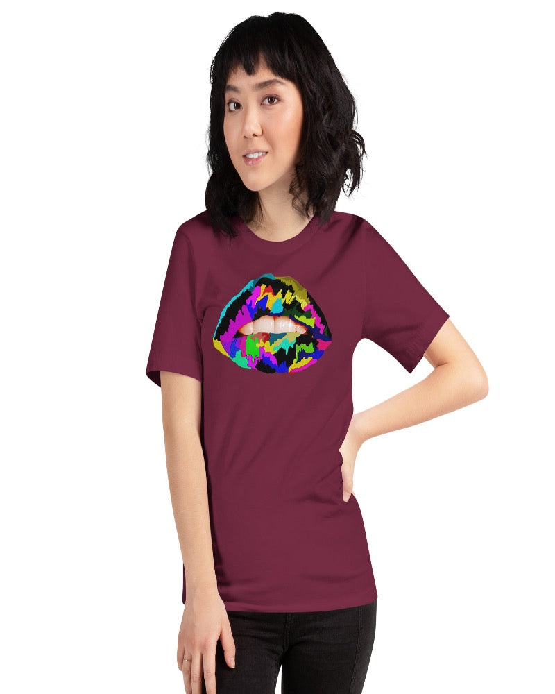 Maroon unisex T-shirt with multi colored lip print design.