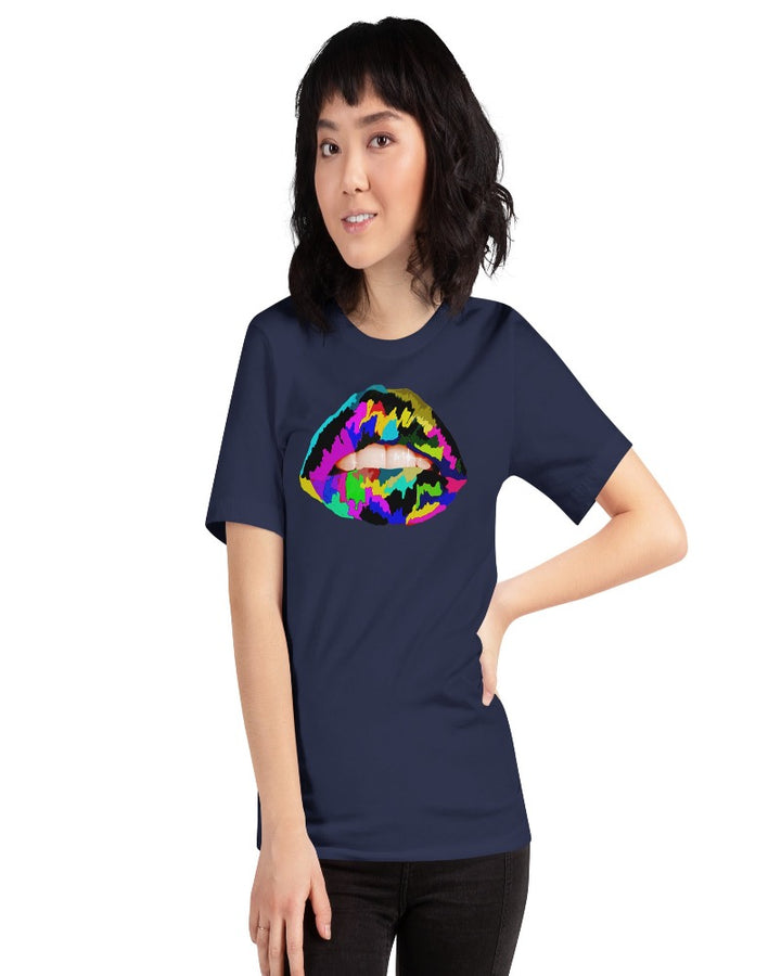 Navy unisex T-shirt with multi colored lip print design.