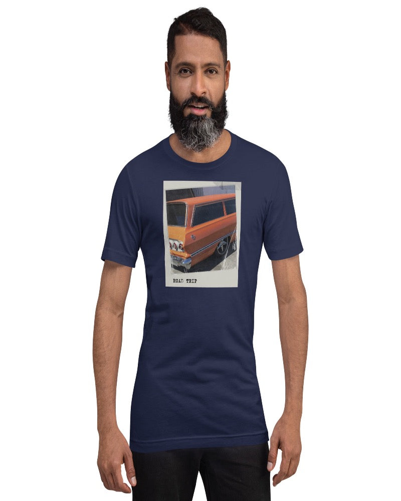 Navy T-shirt with an orange vintage car and Road trip design text