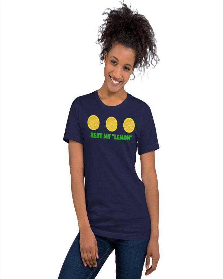 Navy unisex T-shirt with Zest my “lemon” print design.