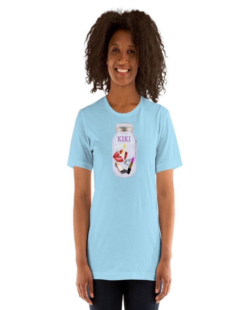 Unisex t-shirt colored ocean blue with KIKI is written on a mason jar below the lid and filled with martini, lipstick, lip, diamond, high heel