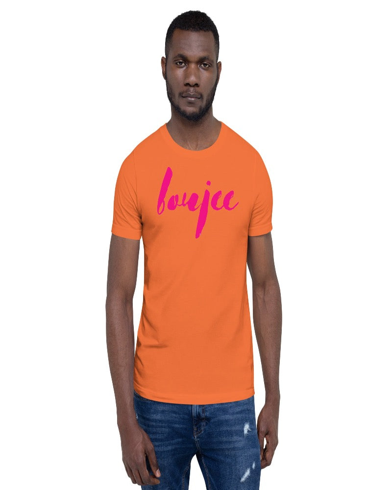 orange unisex t-shirt written in a boujee design text in a hot raspberry color across the chest 