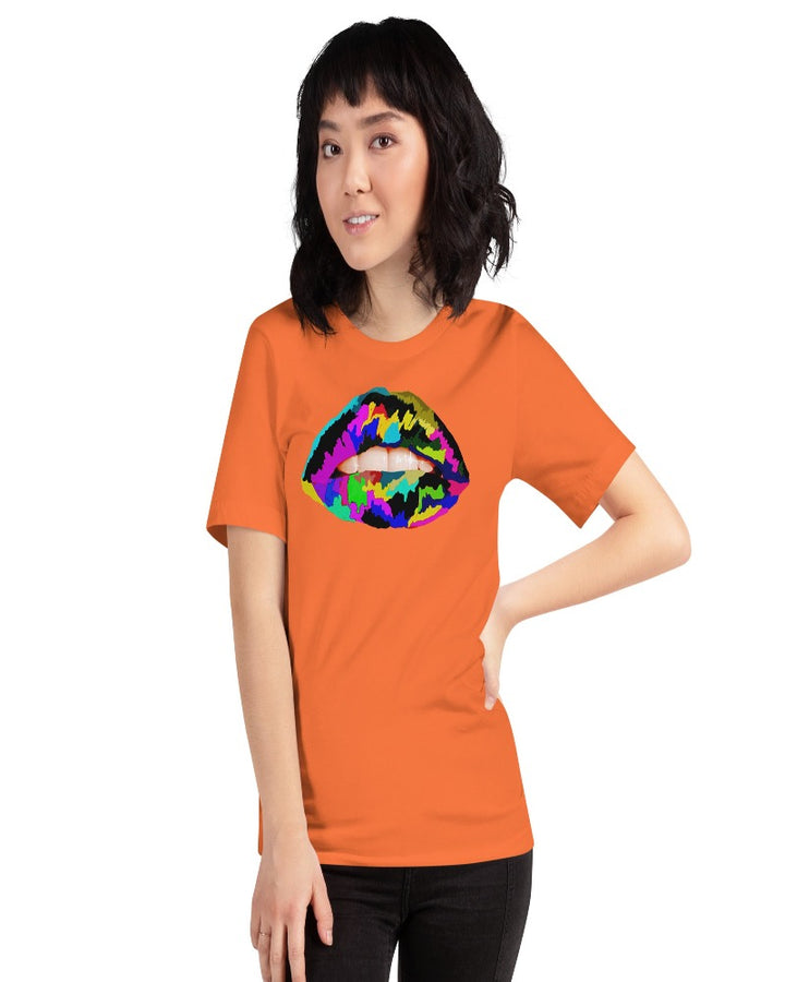 Orange unisex T-shirt with multi colored lip print design.