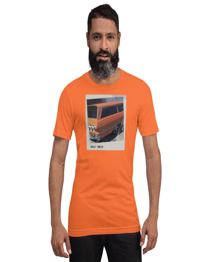 Orange T-shirt with an orange vintage car and Road trip design text