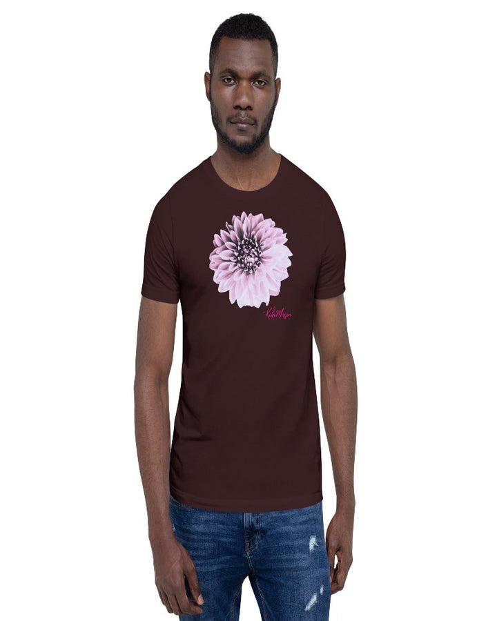 A unisex oxblood black T-shirt with a Dahlia flower print design.