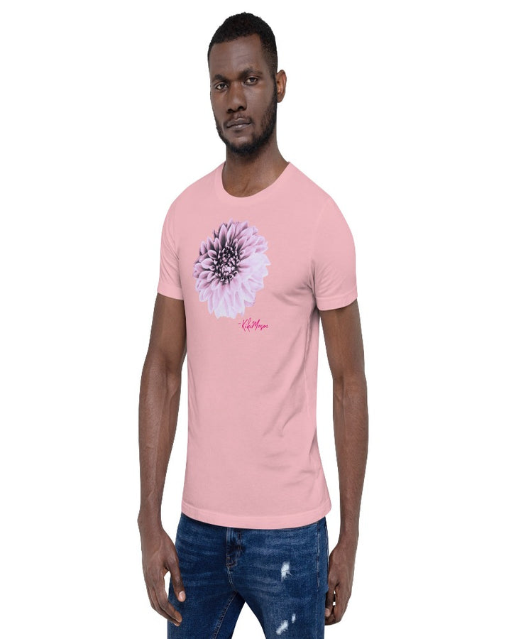 A unisex pink T-shirt with a Dahlia flower print design.