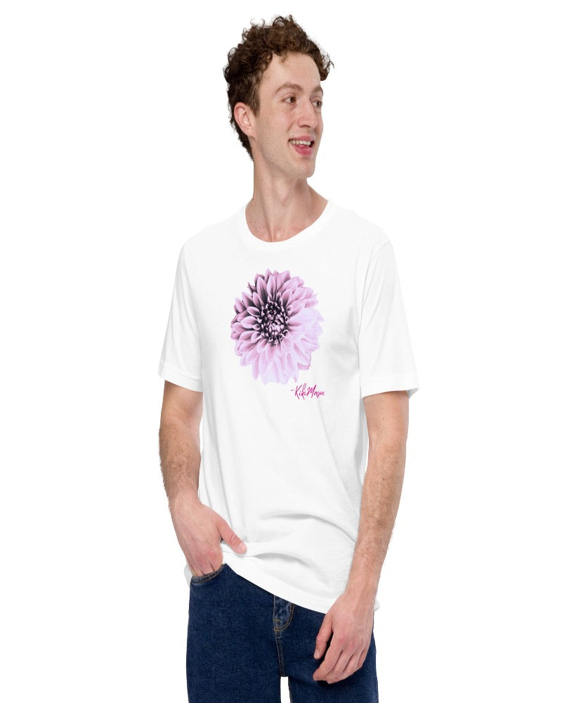 A unisex white T-shirt with a Dahlia flower print design.