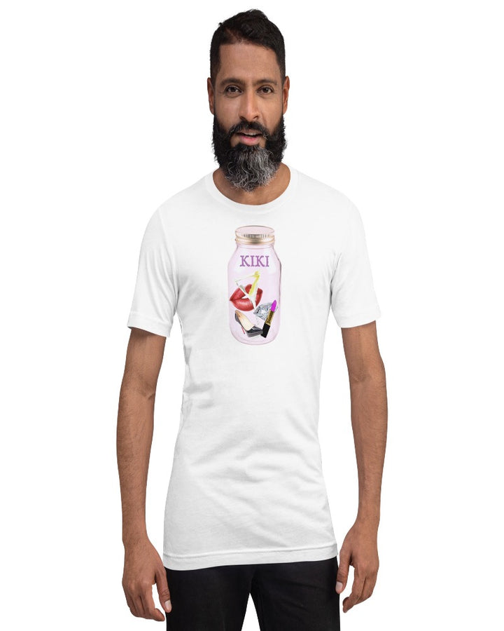 Unisex t-shirt colored white with KIKI is written on a mason jar below the lid and filled with martini, lipstick, lip, diamond, high heel