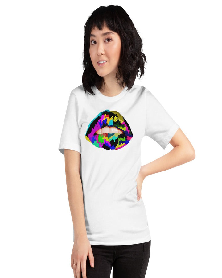 White unisex T-shirt with multi colored lip print design.