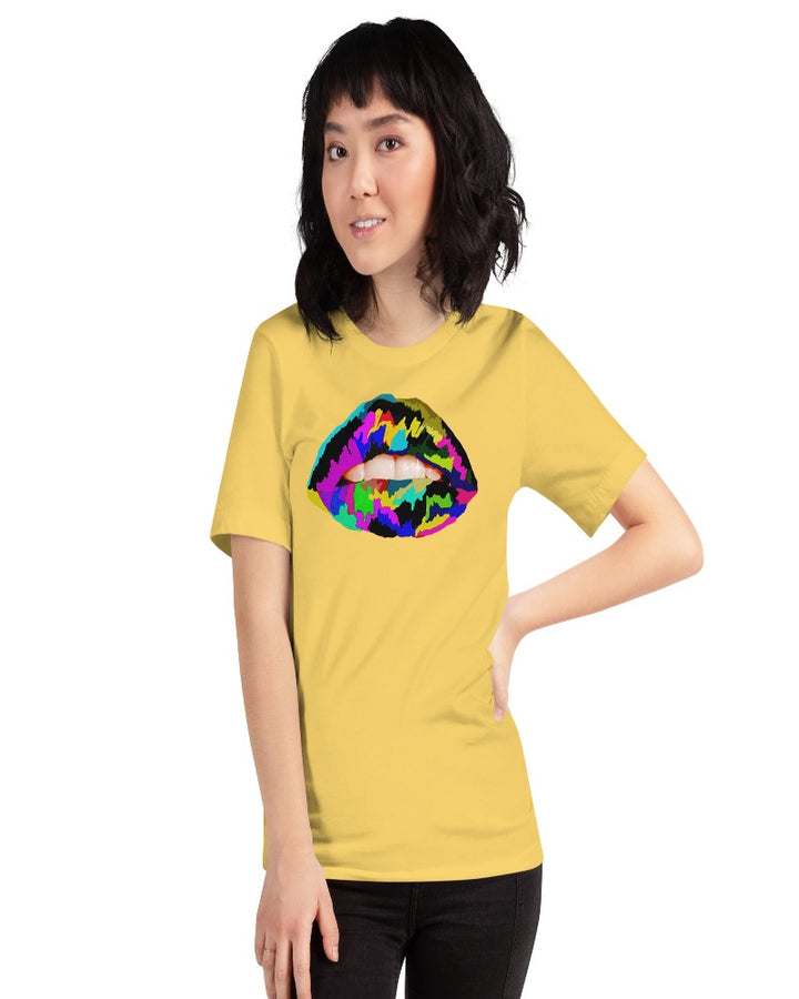 Yellow unisex T-shirt with multi colored lip print design.