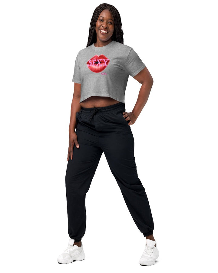 Athletic Heather crop top with big red lips and a Sexy Design text over the lips