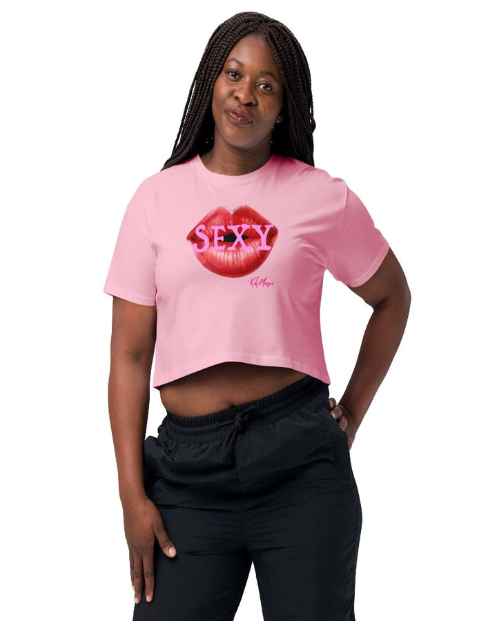 Bubblegum crop top with big red lips and a Sexy Design text over the lips