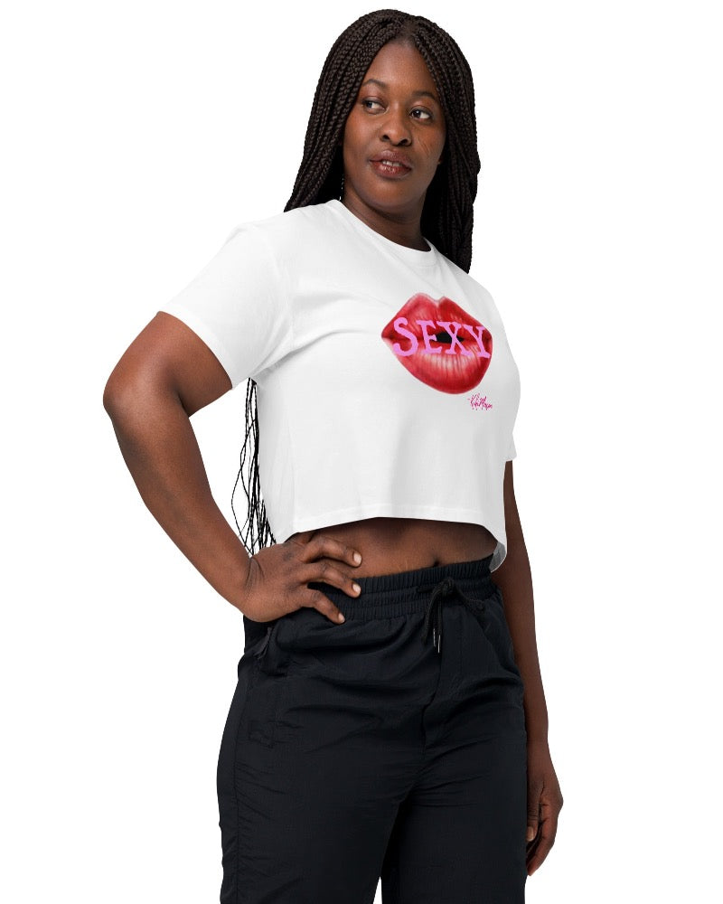 White crop top with big red lips and a Sexy Design text over the lips