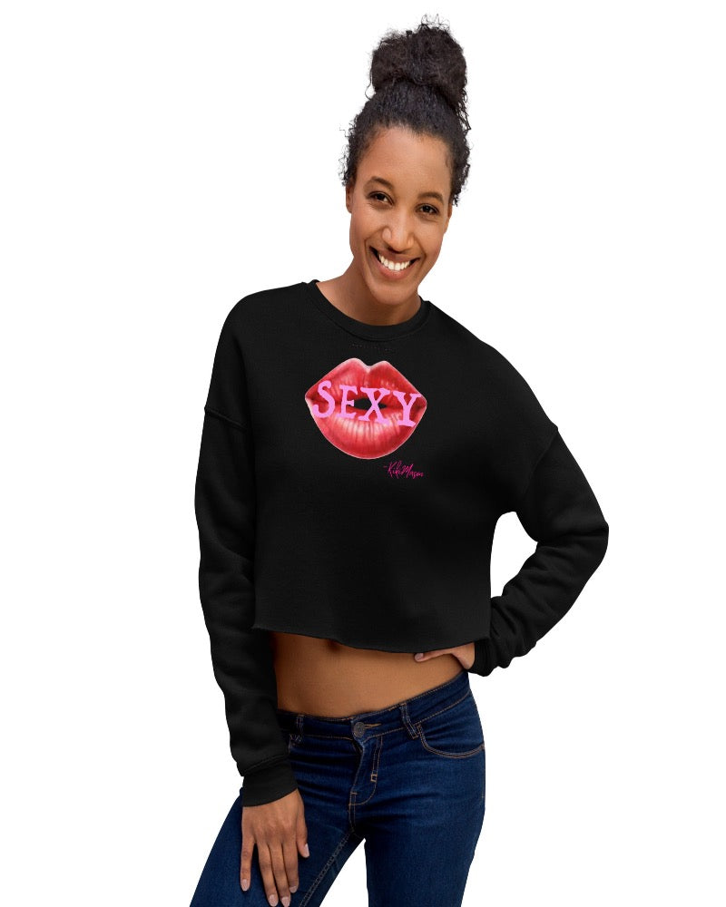 Black crop sweatshirt with big red lips and a Sexy Design text over the lips