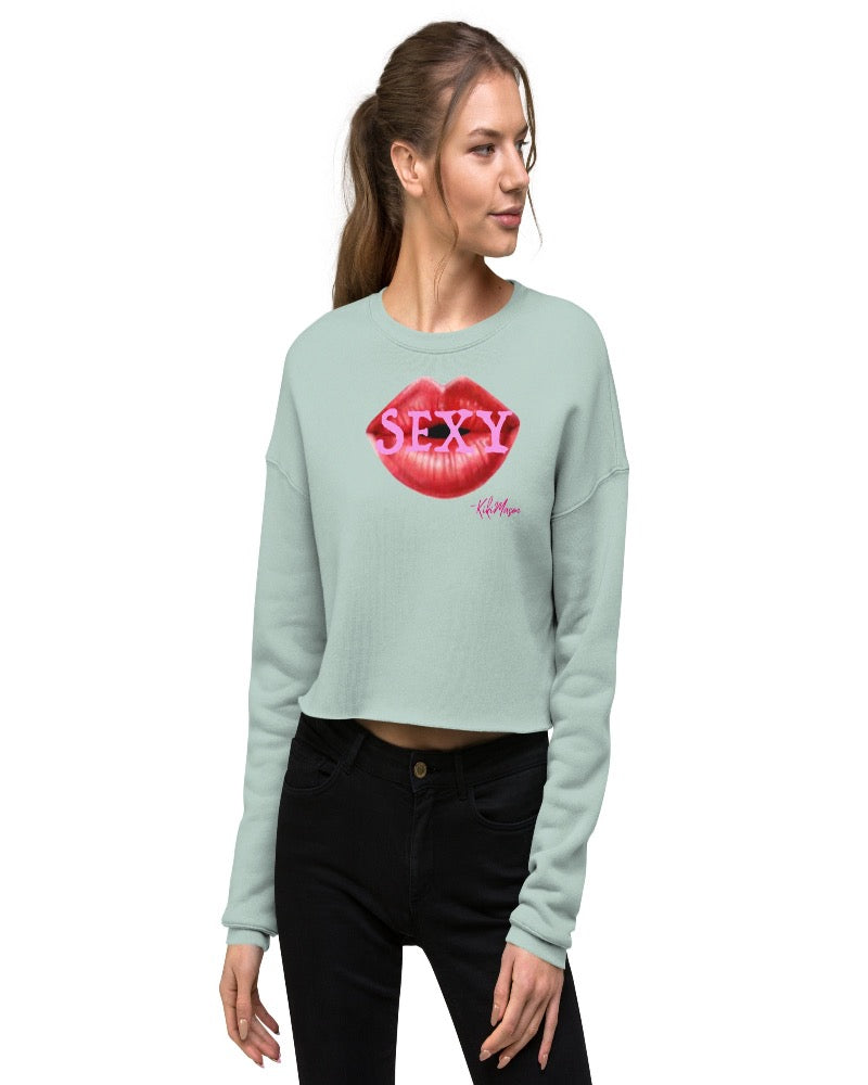 Dusty Blue crop sweatshirt with big red lips and a Sexy Design text over the lips