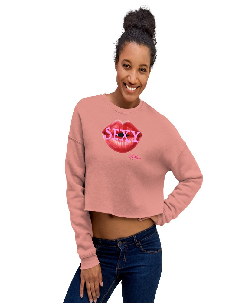 Mauve crop sweatshirt with big red lips and a Sexy Design text over the lips