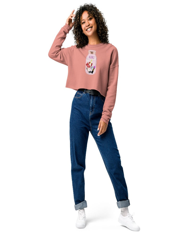  mauve colored cropped sweatshirt with KIKI is written on a mason jar below the lid and filled with martini, lipstick, lip, diamond, high heel