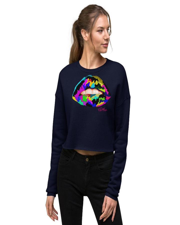 Navy crop sweater with multicolored lip design.