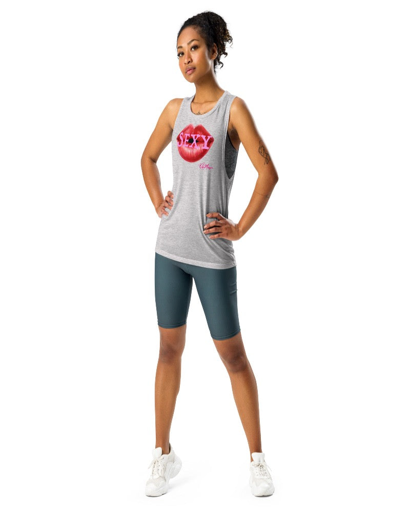 Athletic heather muscle tank with big red lips and a Sexy Design text over the lips