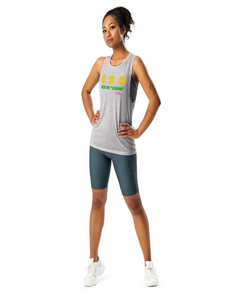 Athletic heather muscle tank with zest my lemon print design. 