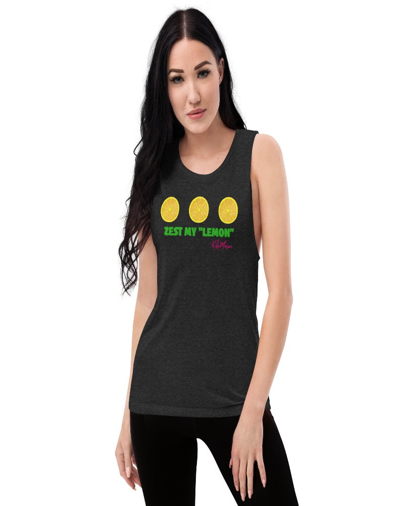 Black heather muscle tank with zest my lemon print design. 