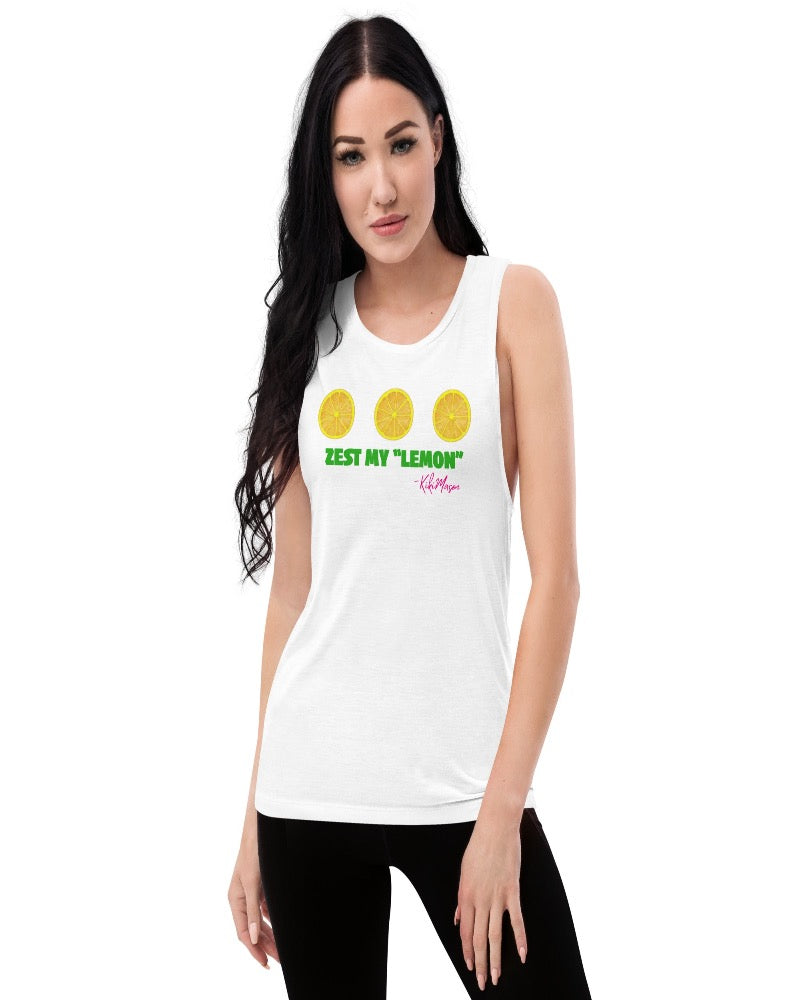 White muscle tank with zest my lemon print design. 